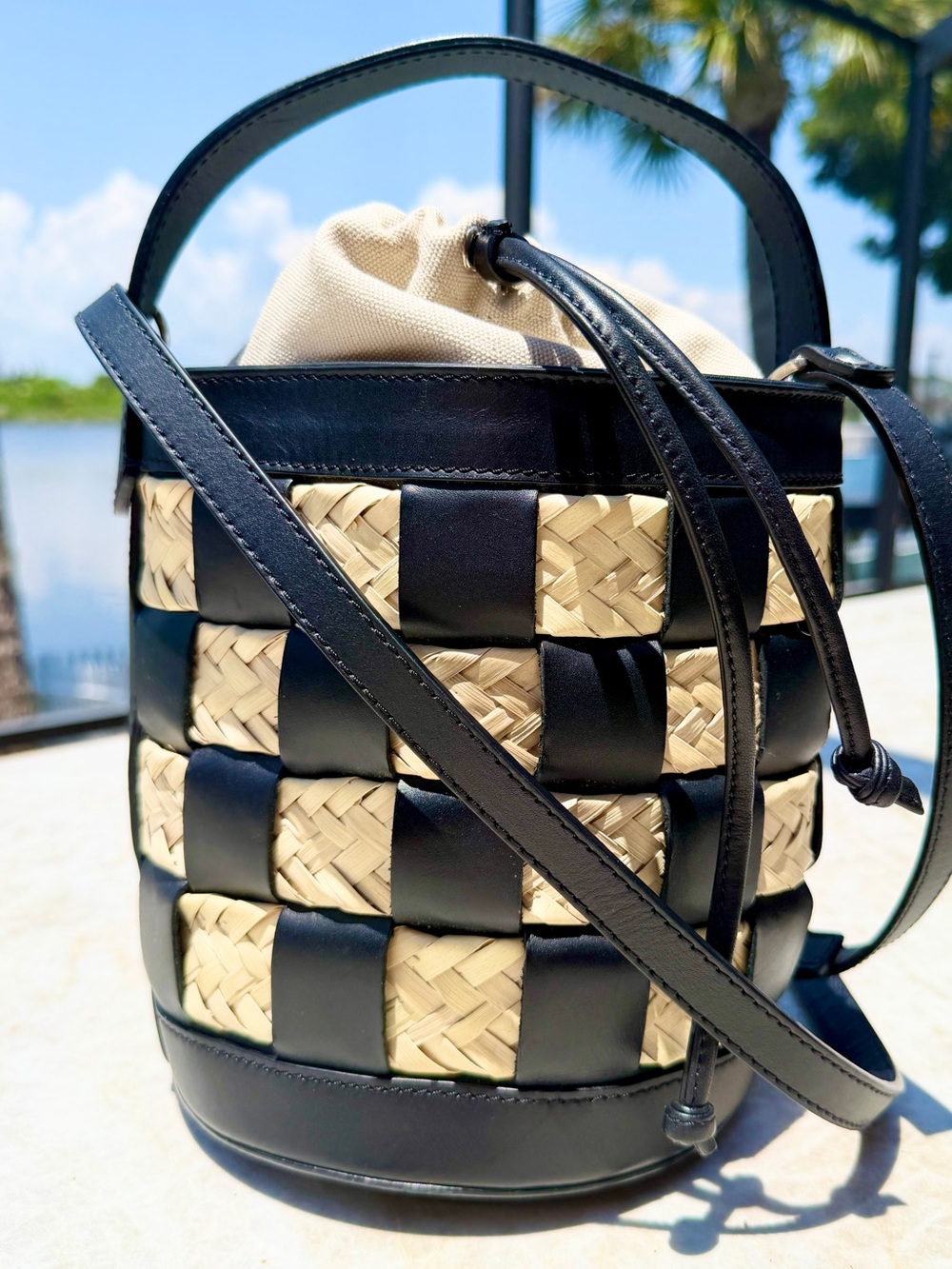 Hereu Galleda Black Woven Leather Raffia Basket Bucket Bag Checkered Crossbody